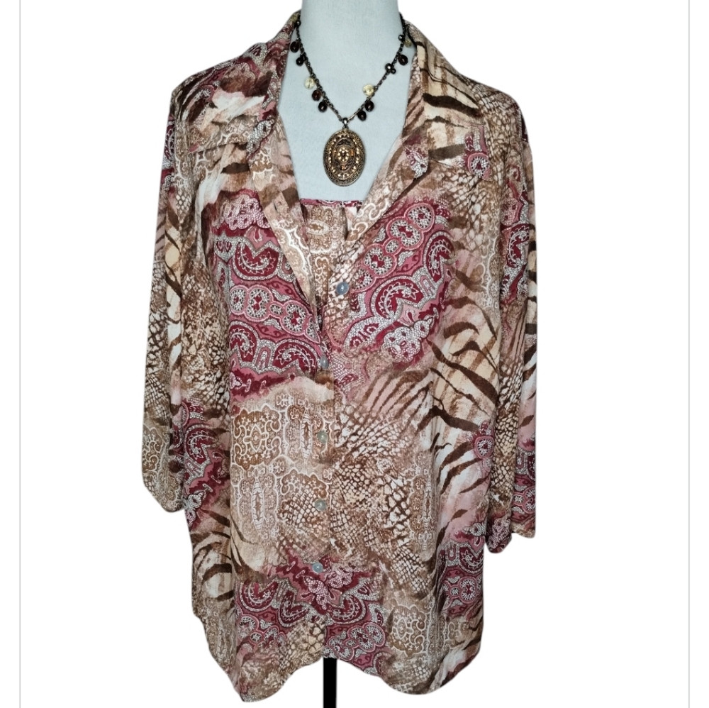 Alfred Dunner Sheer Multicolor Button-Up Blouse With Inner Front Tank Size 22W